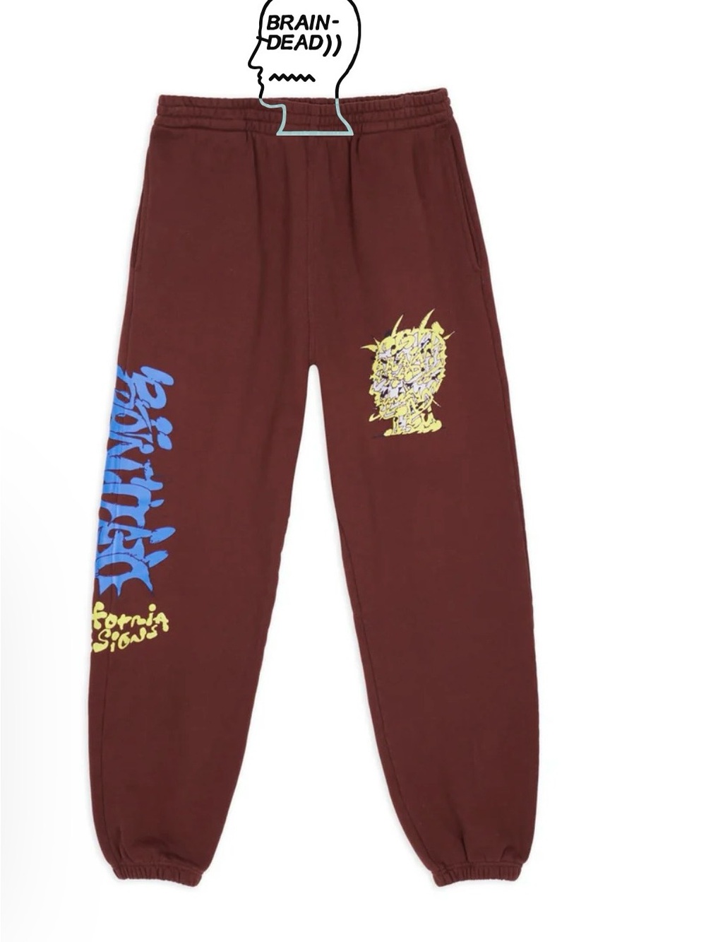 Brain Dead Burgundy Sweatpants with Blue and Yellow Graphics